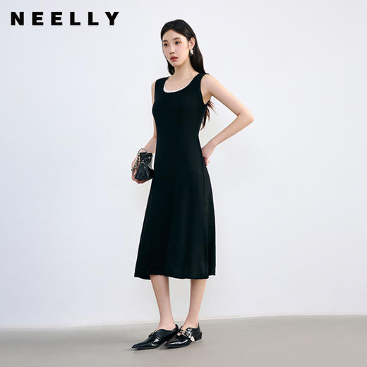 NEELLY纳俪春季新款商场同款假两件休闲背心黑色针织连衣裙女N25074Y04566 商品图0