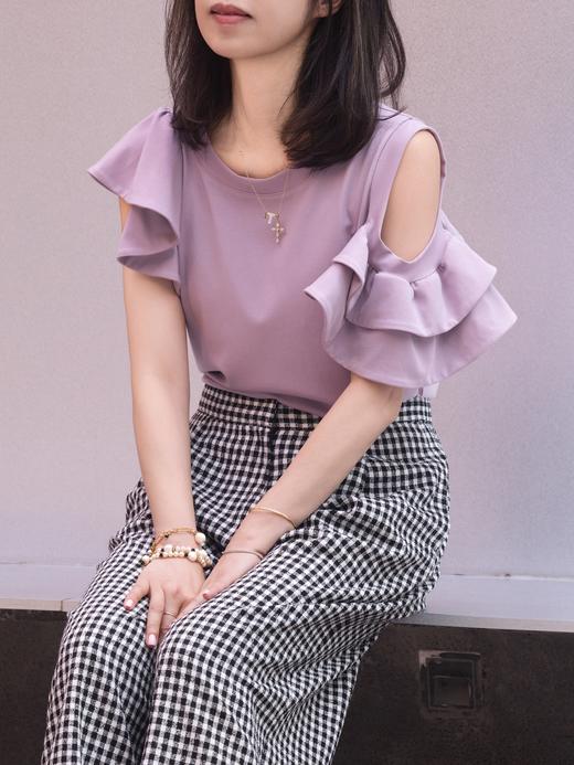 TYNVIE 平纹针织露肩荷叶边袖上衣 - 紫色 商品图5