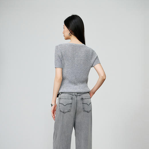 NEELLY纳俪商场同款秋季新款简约气质针织短袖女修身显瘦短款上衣N25074A05503 商品图1