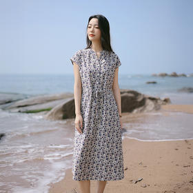 雀说新款短袖碎花连衣裙女夏高级感收腰显瘦系带长裙AL6518