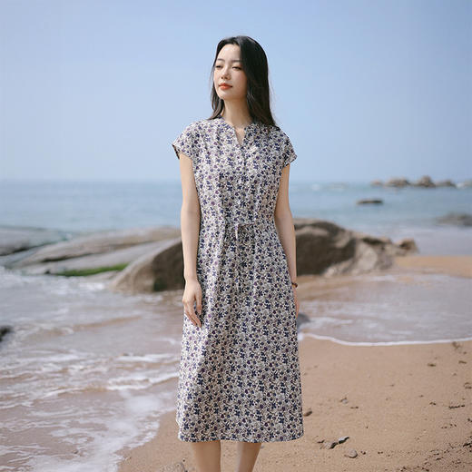 雀说新款短袖碎花连衣裙女夏高级感收腰显瘦系带长裙AL6518 商品图0