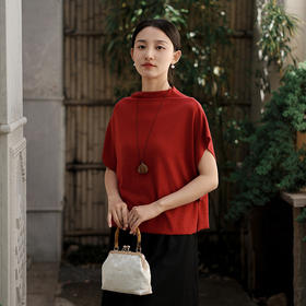 雀说新款短袖t恤女半高领盘扣复古天丝羊毛蝙蝠袖上衣AL6513