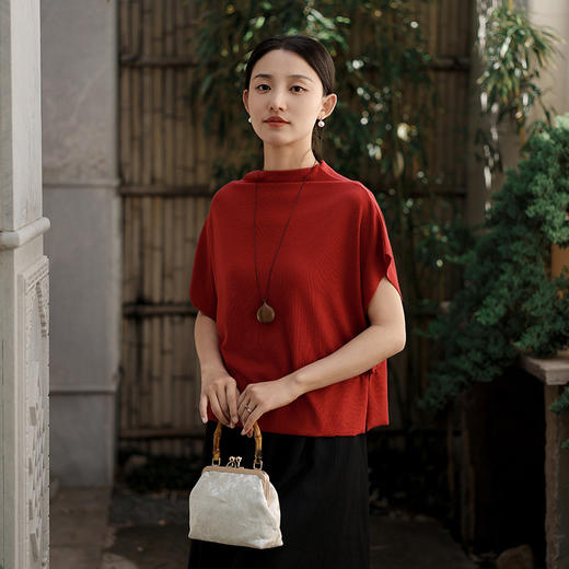 雀说新款短袖t恤女半高领盘扣复古天丝羊毛蝙蝠袖上衣AL6513 商品图0