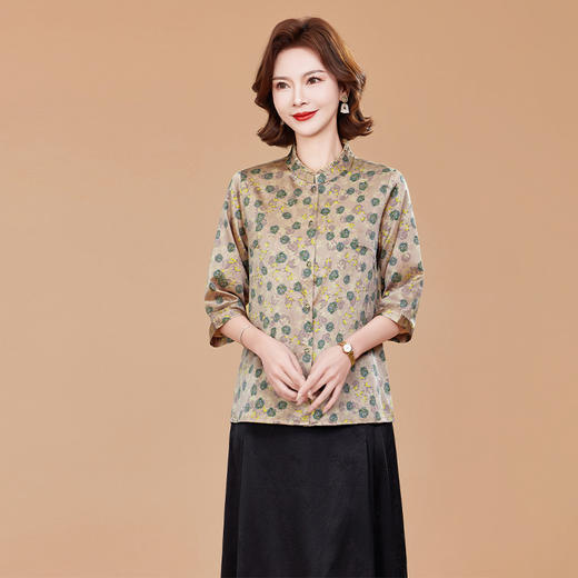 KQ桑蚕丝衬衫女夏季新款真丝上衣七分袖洋气碎花立领 商品图3