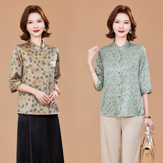 KQ桑蚕丝衬衫女夏季新款真丝上衣七分袖洋气碎花立领 商品图0