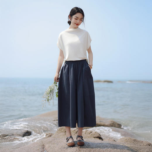 雀说新款裙裤女高腰显瘦薄款阔腿裤纯色百搭松紧腰休闲裤AL6528 商品图3