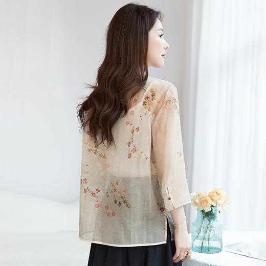QS【国风新中式】真丝印花立领衬衫小衫上衣100%桑蚕丝开衫外套1691 商品图3