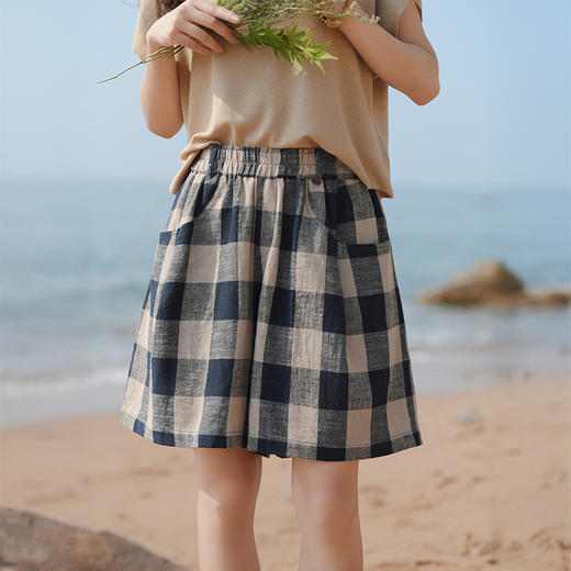 雀说棉麻女装夏季新款色织格亚麻短裤女外穿a字高腰休闲短裤AL6534 商品图0