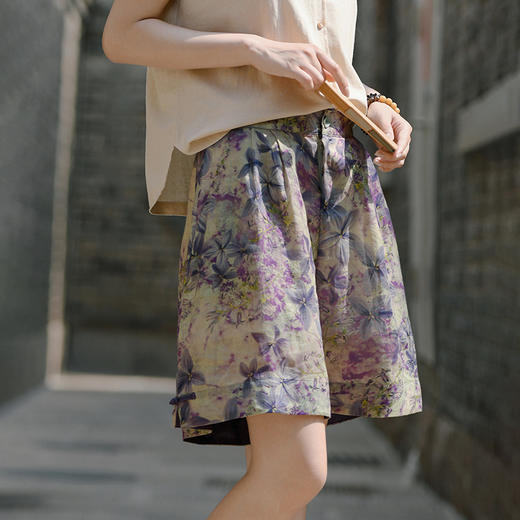 雀说新中式裤子女夏季新款苎麻印花外穿字短裤女中国风休闲阔腿裤AL6532 商品图5