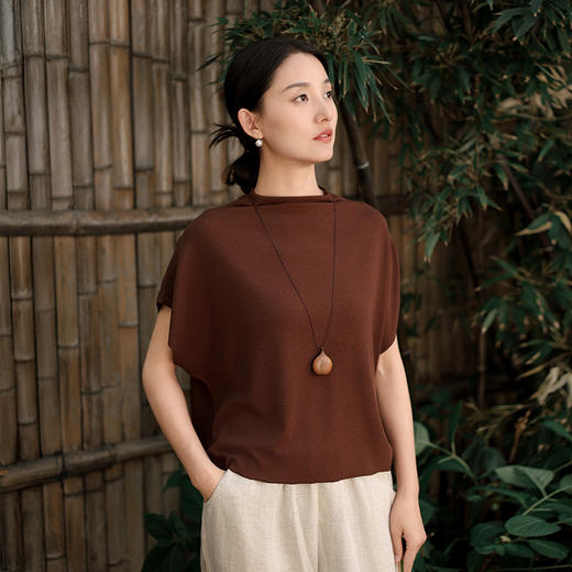 雀说新款短袖t恤女半高领盘扣复古天丝羊毛蝙蝠袖上衣AL6513 商品图2