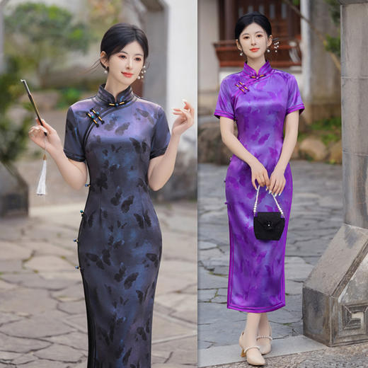 GX夏季新款2025复古时尚优雅中式立领港风长款旗袍中国风大码旗袍裙 商品图0