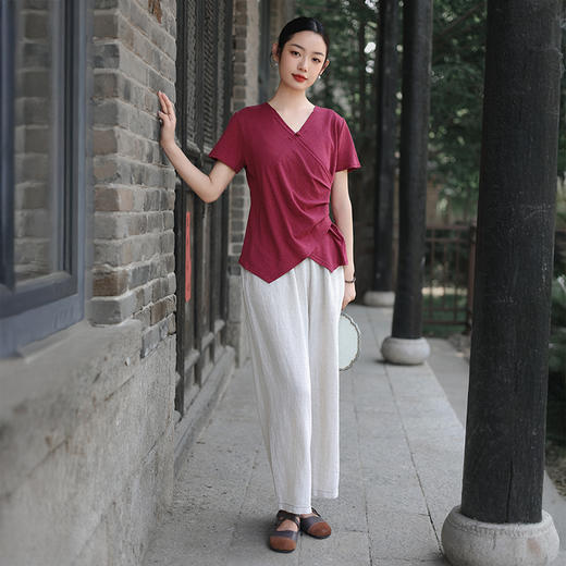 雀说新款设计感短袖t恤女新中式汉麻v领气质显瘦上衣AL6516 商品图3