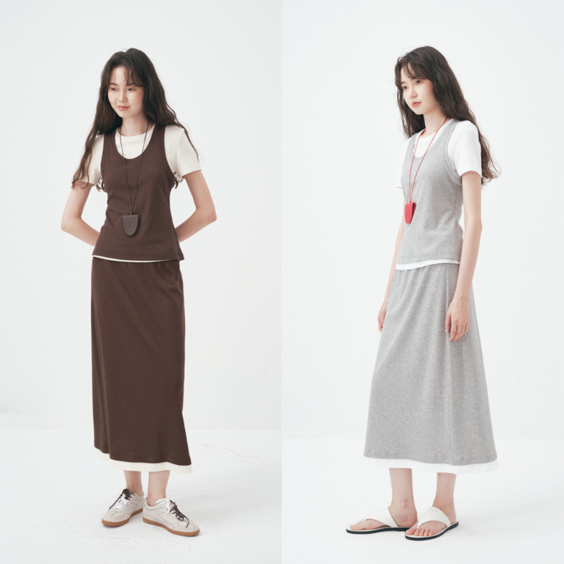 UMILAB｜沐光*随性自在精梳棉撞色叠穿真两件T恤/松紧腰半裙E252W