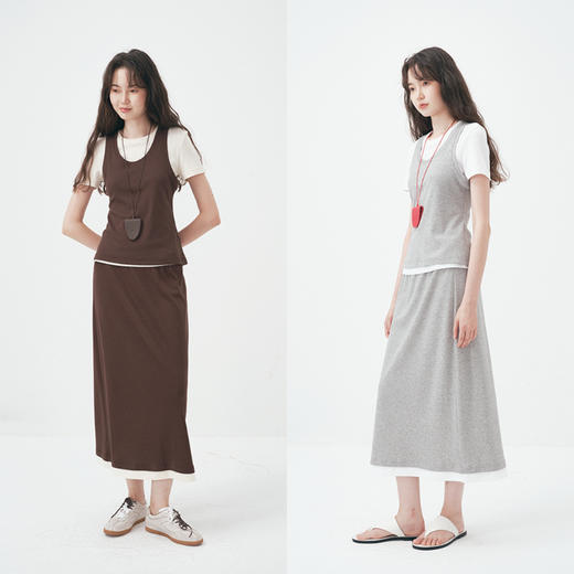 UMILAB｜沐光*随性自在精梳棉撞色叠穿真两件T恤/松紧腰半裙E252W 商品图0