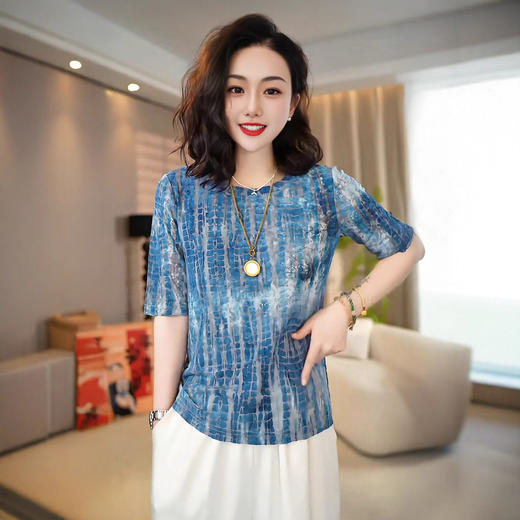 雀说网纱扎染印花圆领中袖T恤女新款洋气时尚弹力显瘦别致上衣AL4141 商品图1