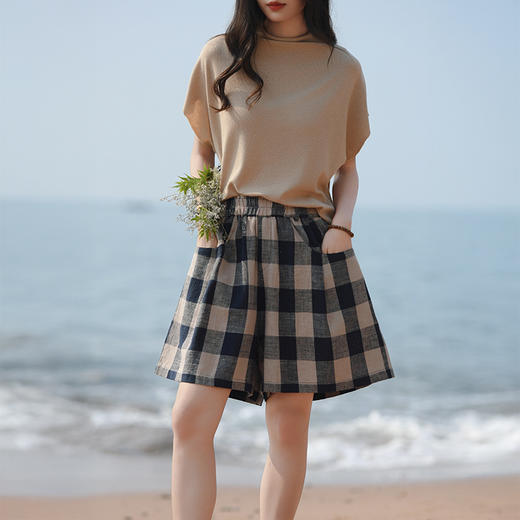 雀说棉麻女装夏季新款色织格亚麻短裤女外穿a字高腰休闲短裤AL6534 商品图3