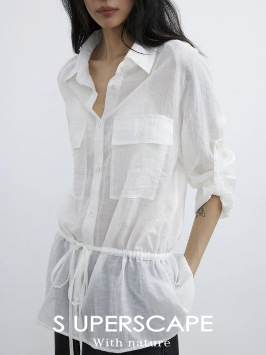 素舶 亚麻再生纤维抽绳收腰插肩长袖游猎衬衫 商品图4