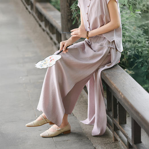 雀说新款裙裤女松紧腰亚麻垂感开叉半身裙裤AL6515 商品图3