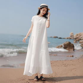雀说新款短袖苎麻连衣裙女高级感收腰纯色设计感长裙AL6539