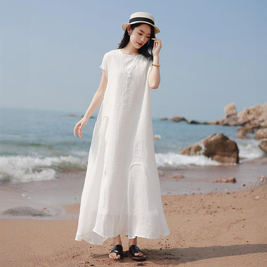 雀说新款短袖苎麻连衣裙女高级感收腰纯色设计感长裙AL6539 商品图0