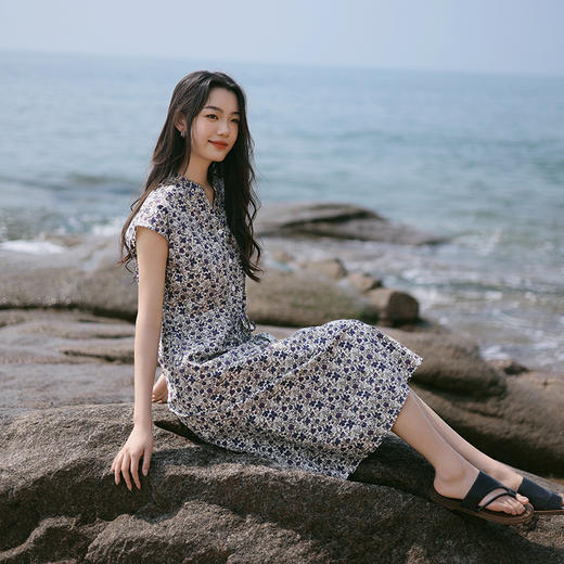 雀说新款短袖碎花连衣裙女夏高级感收腰显瘦系带长裙AL6518 商品图2
