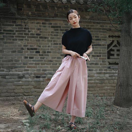 雀说新款裙裤女高腰显瘦薄款阔腿裤纯色百搭松紧腰休闲裤AL6528 商品图5