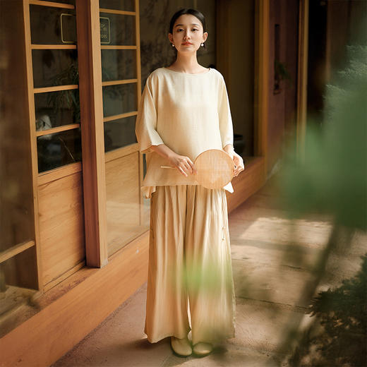 雀说新款圆领七分袖上衣女高级感亚麻垂感t恤宽松显瘦AL6517 商品图3