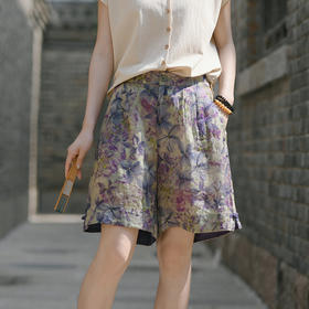 雀说新中式裤子女夏季新款苎麻印花外穿字短裤女中国风休闲阔腿裤AL6532