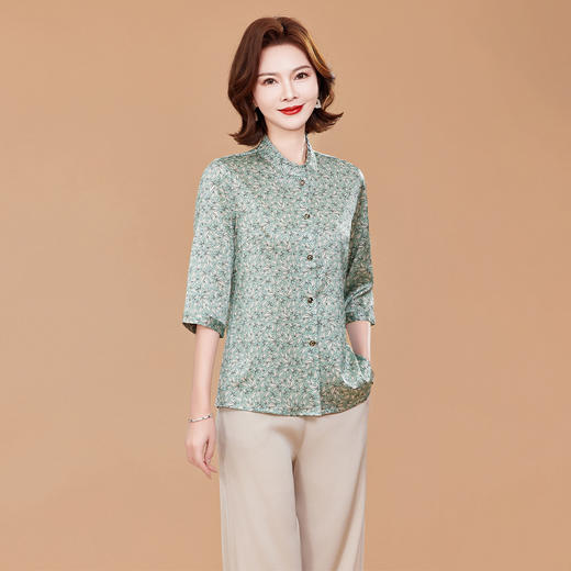 KQ桑蚕丝衬衫女夏季新款真丝上衣七分袖洋气碎花立领 商品图1