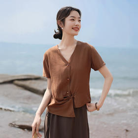 雀说棉麻女装新款亚麻短袖衬衫女高级感气质轻薄新中式盘扣上衣AL6524
