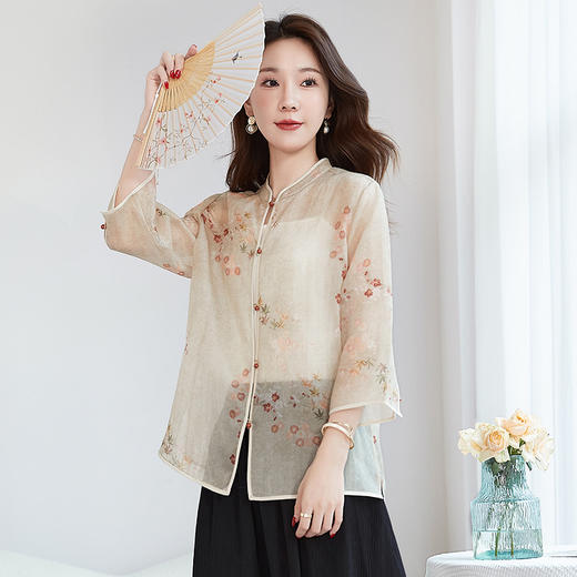 QS【国风新中式】真丝印花立领衬衫小衫上衣100%桑蚕丝开衫外套1691 商品图0