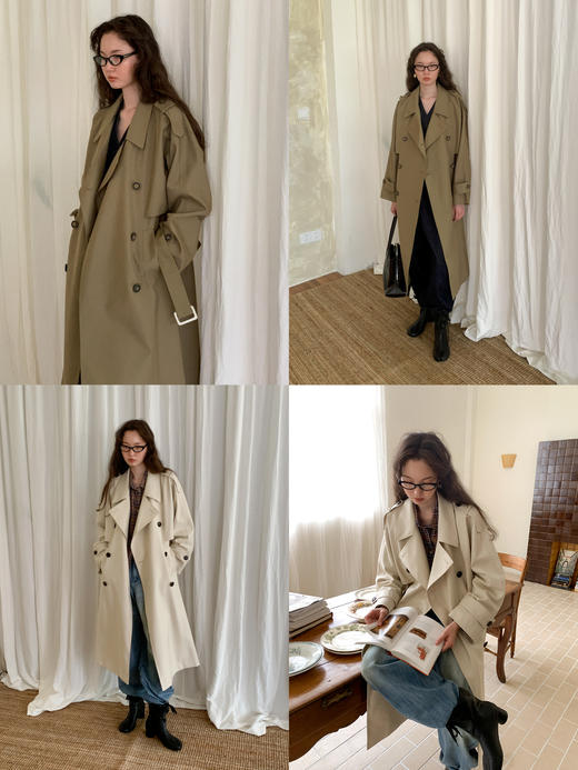 素舶 棉混纺JI典斜纹立体廓形翻领中长款风衣外套女 商品图4