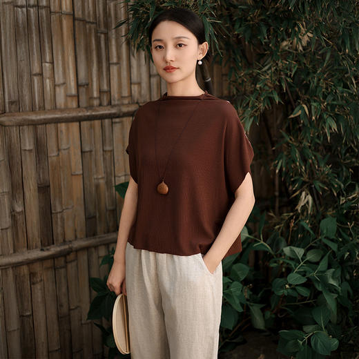雀说新款短袖t恤女半高领盘扣复古天丝羊毛蝙蝠袖上衣AL6513 商品图5