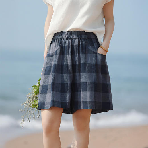 雀说棉麻女装夏季新款色织格亚麻短裤女外穿a字高腰休闲短裤AL6534 商品图2