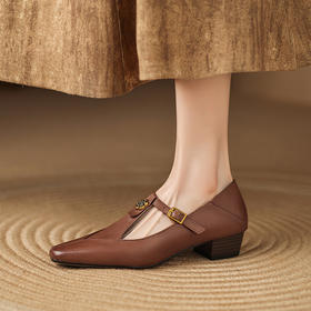 【预售5天】牛皮版~复古法式T字带玛丽珍鞋女新款百搭真皮浅口山茶花中跟单鞋LD&7306