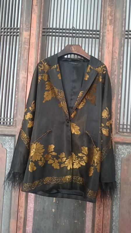 盛唐牡丹| 民国真丝老面料配鸵鸟毛西装外套 商品图0