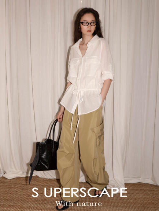 素舶 亚麻再生纤维抽绳收腰插肩长袖游猎衬衫 商品图1