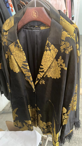 盛唐牡丹| 民国真丝老面料配鸵鸟毛西装外套-米黄