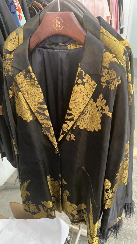 盛唐牡丹| 民国真丝老面料配鸵鸟毛西装外套-米黄 商品图0