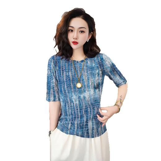 雀说网纱扎染印花圆领中袖T恤女新款洋气时尚弹力显瘦别致上衣AL4141 商品图4