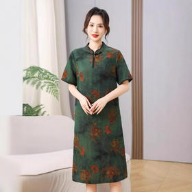 丁摩真丝香云纱荷叶绿裙新款旗袍改良版宽松显瘦连衣裙AL5112