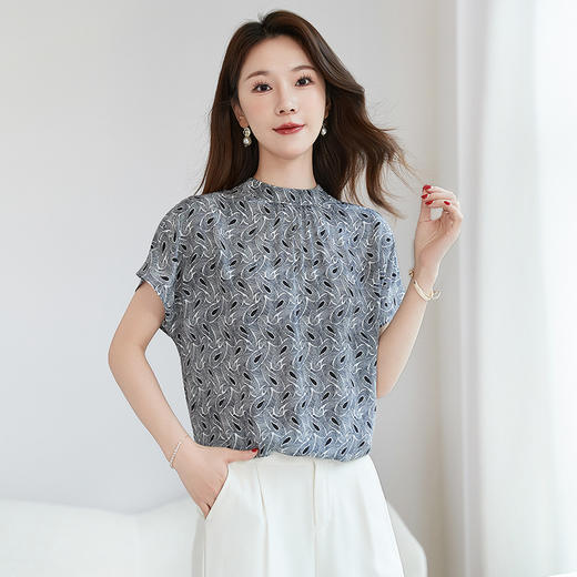 QS【100%真丝】双绉印花短袖小衫女百搭气质通勤桑蚕丝衬衣女1177 商品图0