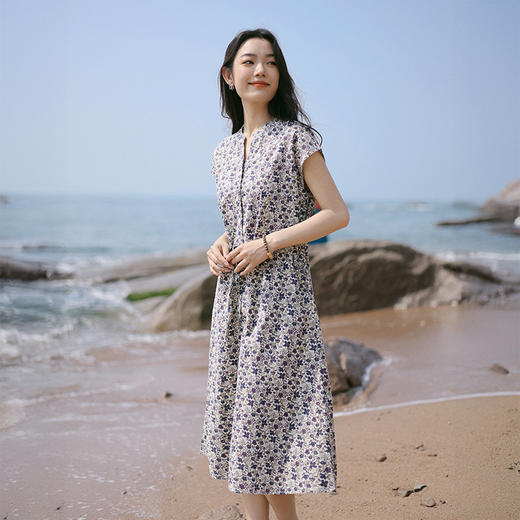 雀说新款短袖碎花连衣裙女夏高级感收腰显瘦系带长裙AL6518 商品图5