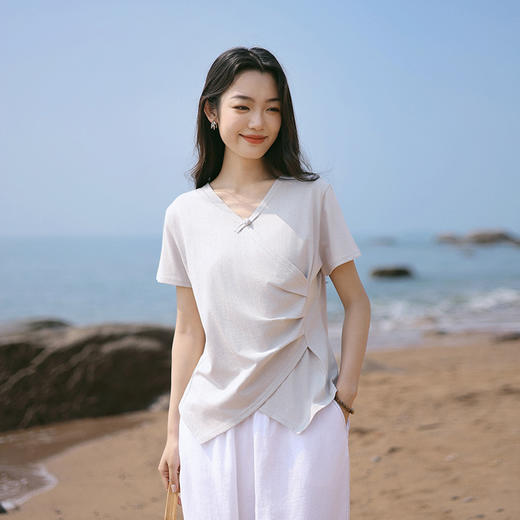 雀说新款设计感短袖t恤女新中式汉麻v领气质显瘦上衣AL6516 商品图8
