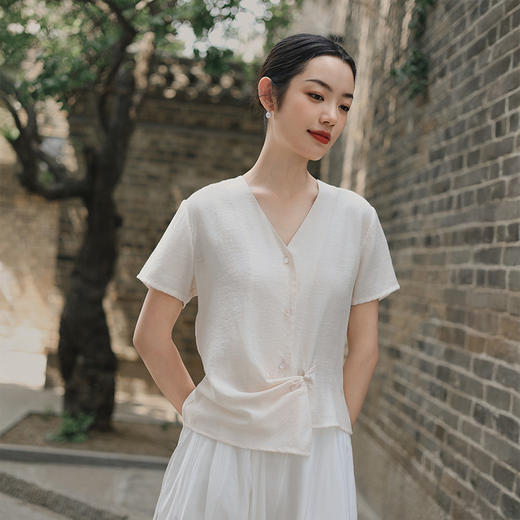 雀说棉麻女装新款亚麻短袖衬衫女高级感气质轻薄新中式盘扣上衣AL6524 商品图2