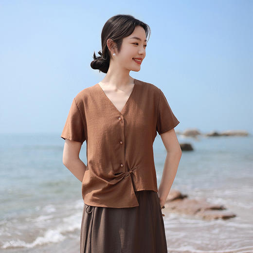 雀说棉麻女装新款亚麻短袖衬衫女高级感气质轻薄新中式盘扣上衣AL6524 商品图5