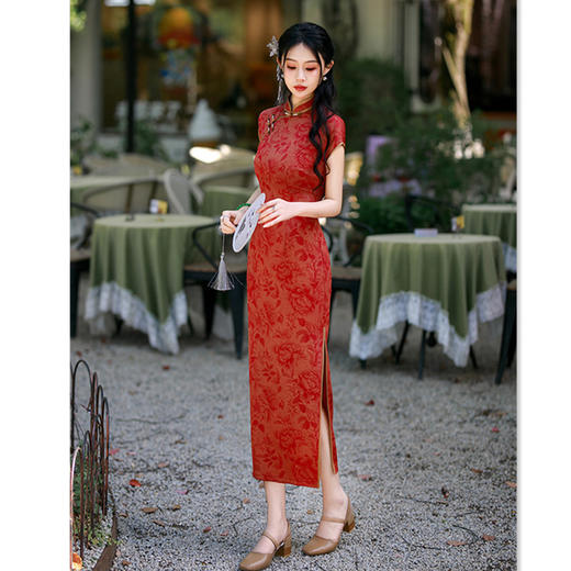 GX2025夏新款中国风仿醋酸长款复古国风旗袍女装改良修身显瘦连衣裙 商品图3