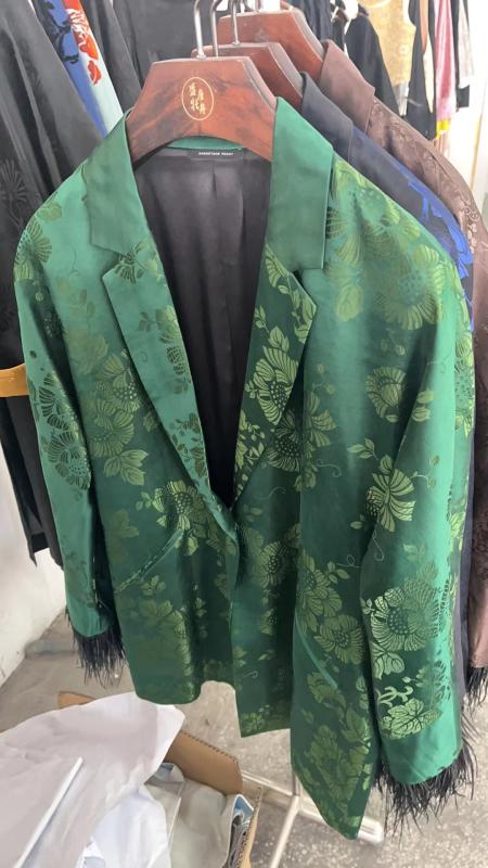 盛唐牡丹| 民国真丝老面料配鸵鸟毛西装外套-深绿 商品图0