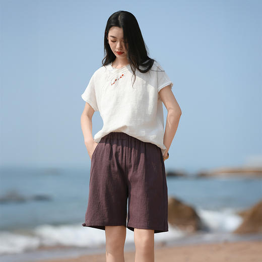 雀说新款短裤女外穿新中式国风苎麻松紧腰休闲裤AL6520 商品图2