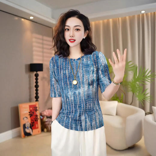 雀说网纱扎染印花圆领中袖T恤女新款洋气时尚弹力显瘦别致上衣AL4141 商品图2